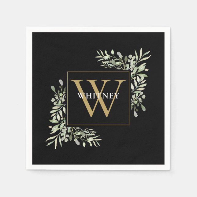 Elegant Black Gold Monogram Greenery Floral Napkins (Front)