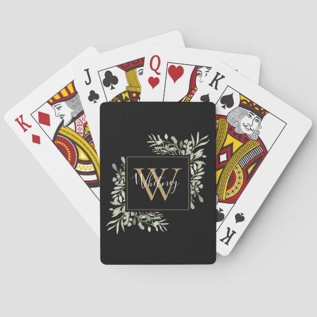 Elegant Black Gold Monogram Greenery Floral Poker Cards (Back)