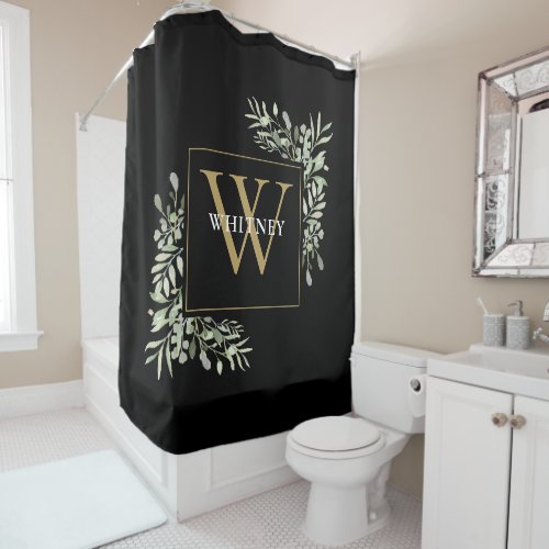 Elegant Black Gold Monogram Greenery Floral Shower Curtain