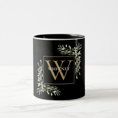 Elegant Black Gold Monogram Greenery Floral Two_Tone Coffee Mug