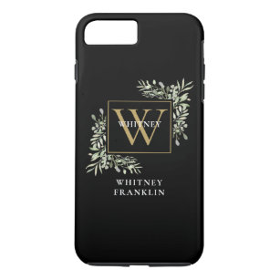 Elegant Black Gold Monogram Greenery Personalized iPhone 8 Plus/7 Plus Case