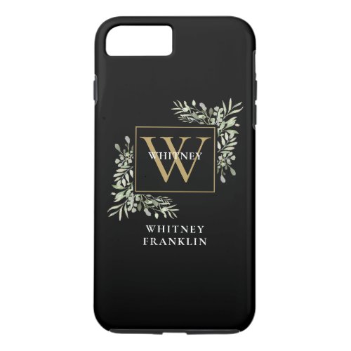 Elegant Black Gold Monogram Greenery Personalized iPhone 8 Plus7 Plus Case