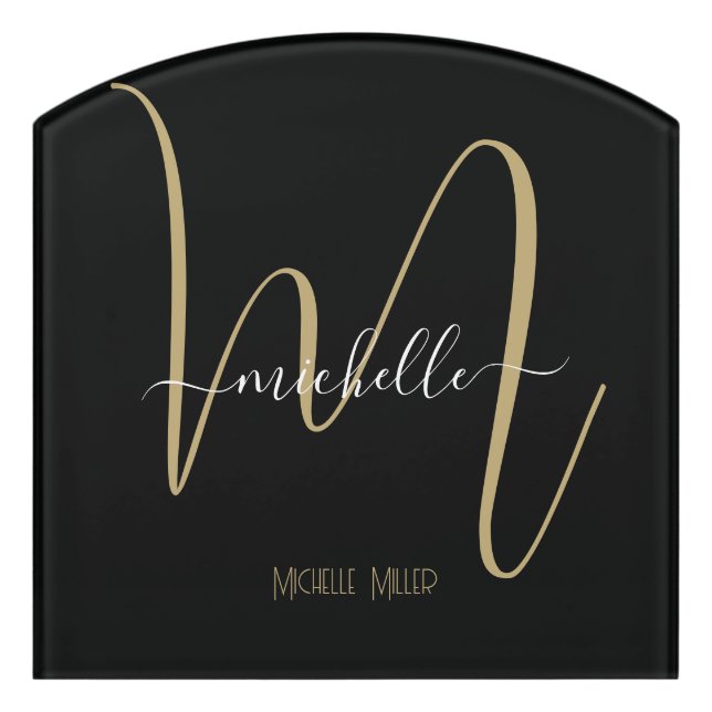 elegant black gold monogram initial business name door sign (Contour Front)