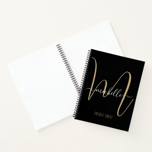 elegant black gold monogram initial business name notebook