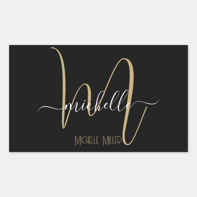 elegant black gold monogram initial business name rectangular sticker (Front)