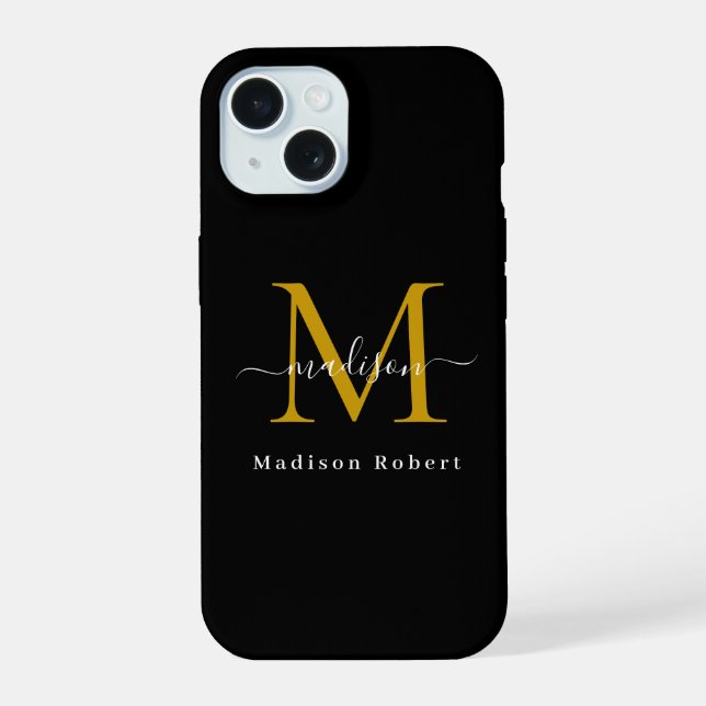Elegant Black Gold Monogram Initial Funny Script Iphone Case (Back)