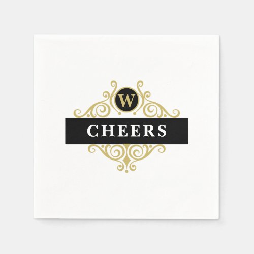 Elegant Black Gold Monogram Initial Napkins