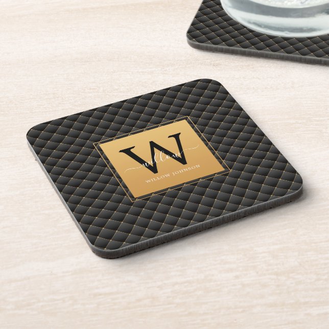 Elegant Black Gold Monogram Initial Script Modern Beverage Coaster (Left Side)
