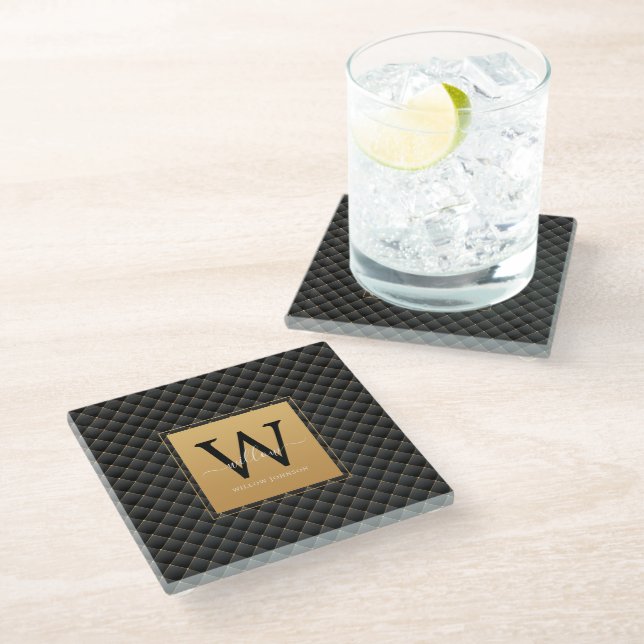 Elegant Black Gold Monogram Initial Script Modern Glass Coaster (Angled)