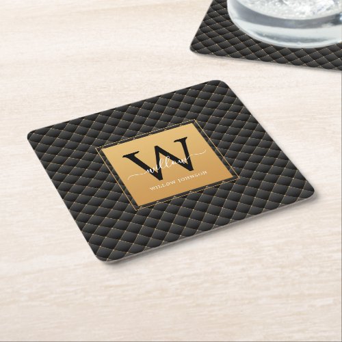 Elegant Black Gold Monogram Initial Script Modern Square Paper Coaster