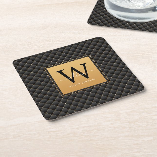 Elegant Black Gold Monogram Initial Script Modern Square Paper Coaster (Angled)
