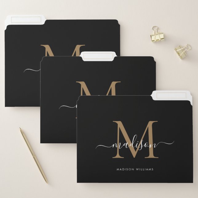 Elegant Black Gold Monogram Initial Script Name File Folder (Set)