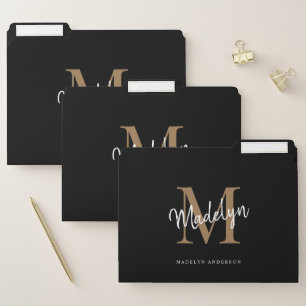 Elegant Black Gold Monogram Initial Script Name File Folder