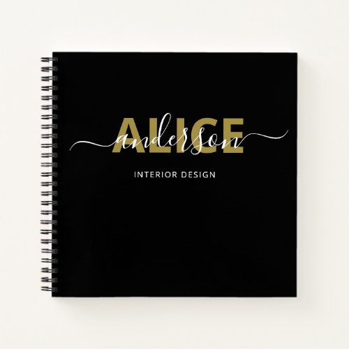 Elegant Black Gold Monogram Initial Script Name  Notebook