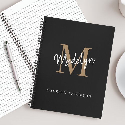 Elegant Black Gold Monogram Initial Script Name Notebook