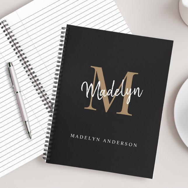 Elegant Black Gold Monogram Initial Script Name Notebook (Creator Uploaded)