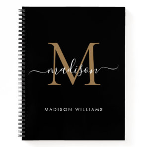 Elegant Black Gold Monogram Initial Script Name Notebook