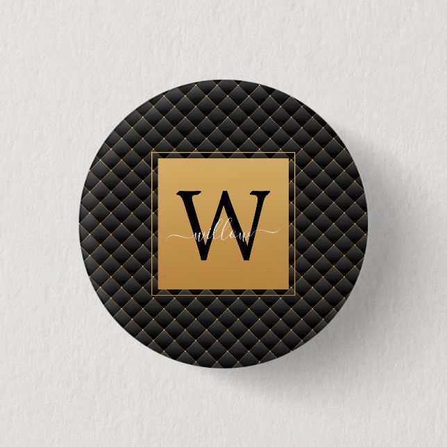 Elegant Black Gold Monogram Initial Script Stylish Button (Front)
