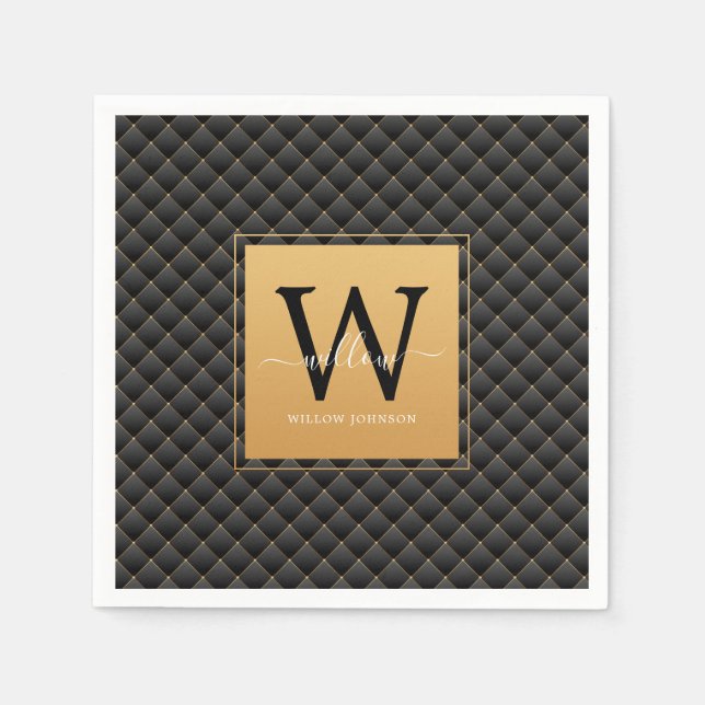Elegant Black Gold Monogram Initial Script Stylish Napkins (Front)