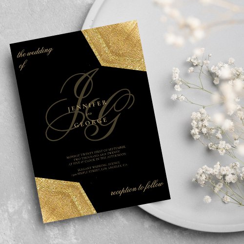 Elegant black gold monogram initials chic wedding invitation