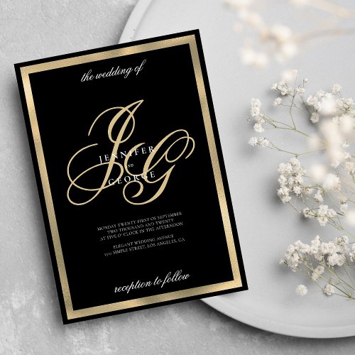 Elegant black gold monogram initials wedding invitation