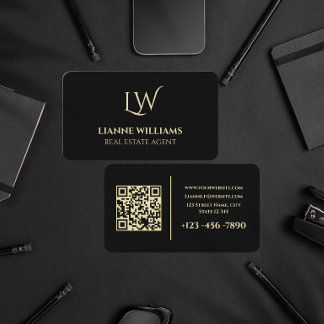 Elegant Black Gold Monogram Legal Realtor QR Code Business Card