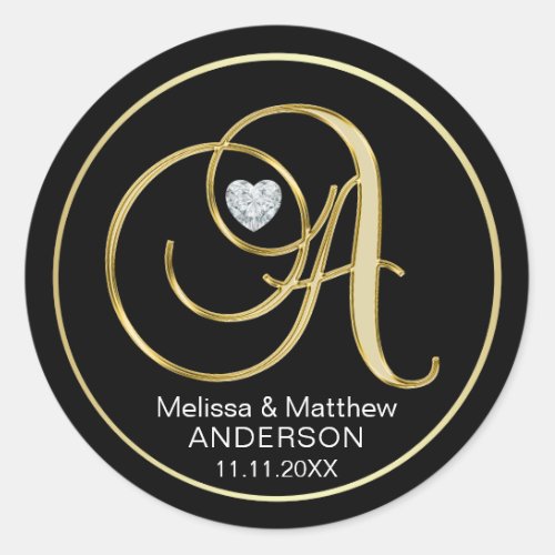 Elegant Black Gold Monogram Letter A Heart Diamond Classic Round Sticker