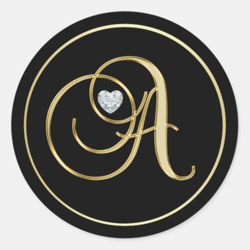 Elegant Black Gold Monogram Letter A Heart Diamond Classic Round Sticker