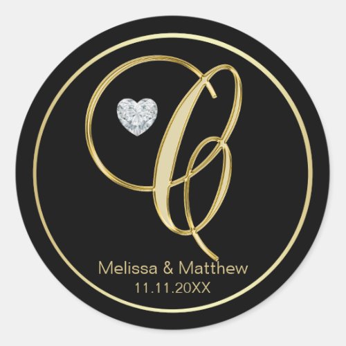 Elegant Black Gold Monogram Letter C Heart Diamond Classic Round Sticker