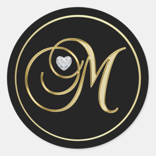 Elegant Black Gold Monogram Letter M Heart Diamond Classic Round Sticker