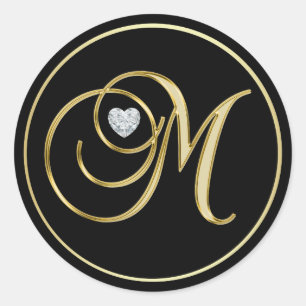 Elegant Black Gold Monogram Letter M Heart Diamond Classic Round Sticker