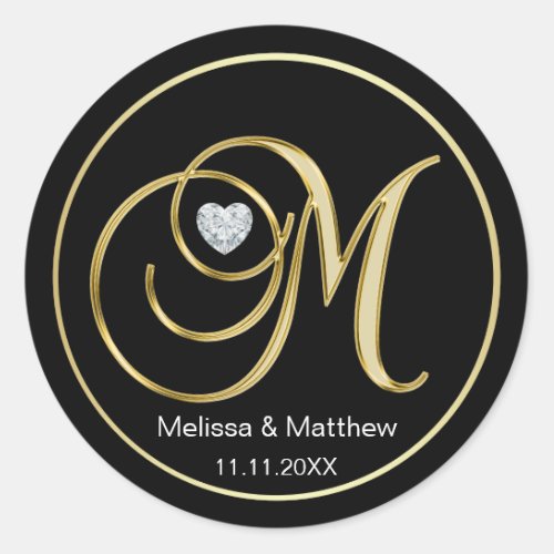 Elegant Black Gold Monogram Letter M Heart Diamond Classic Round Sticker