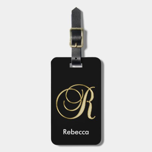 Elegant Black Gold Monogram Letter R with Name Luggage Tag