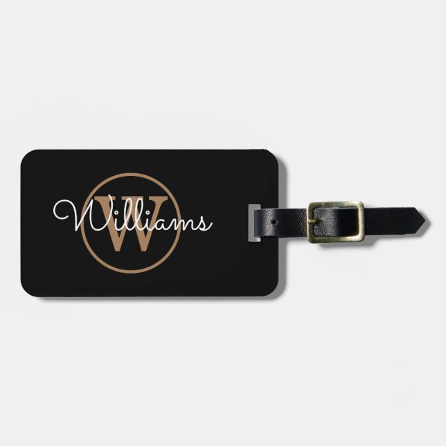 Elegant Black Gold Monogram Luggage Tag (Front Horizontal)