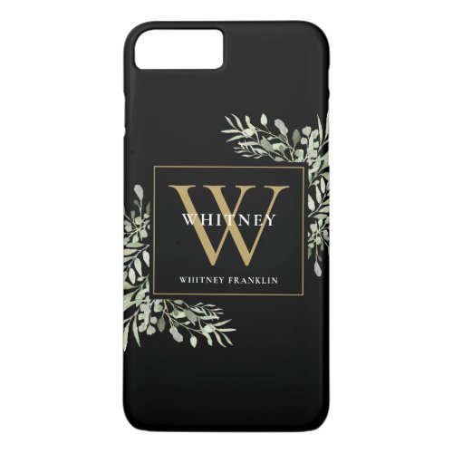 Elegant Black Gold Monogram Modern Greenery iPhone 8 Plus7 Plus Case