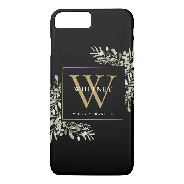 Elegant Black Gold Monogram Modern Greenery Case-Mate iPhone Case (Back)