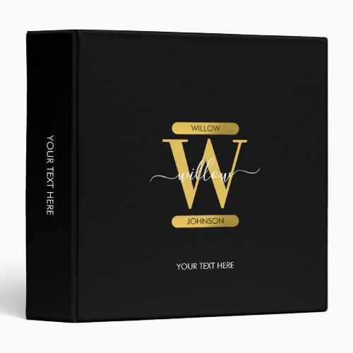 Elegant Black  Gold Monogram Modern Script 3 Ring Binder