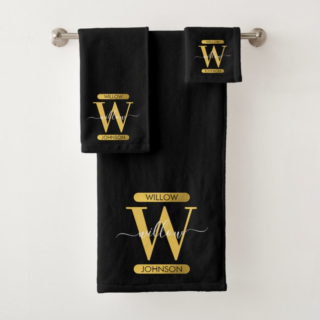 Elegant Black & Gold Monogram Modern Script   Bath Towel Set (Insitu)