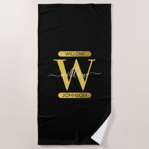 Elegant Black & Gold Monogram Modern Script Beach Towel