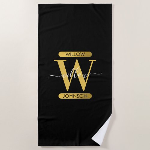 Elegant Black  Gold Monogram Modern Script  Beach Towel