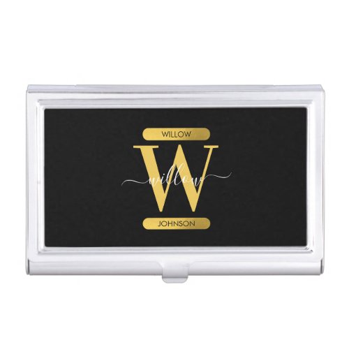 Elegant Black  Gold Monogram Modern Script  Business Card Case
