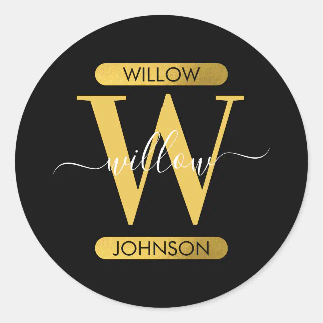 Elegant Black & Gold Monogram Modern Script Classic Round Sticker | Zazzle
