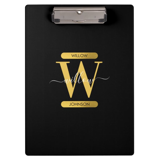 Elegant Black & Gold Monogram Modern Script Clipboard (Front)
