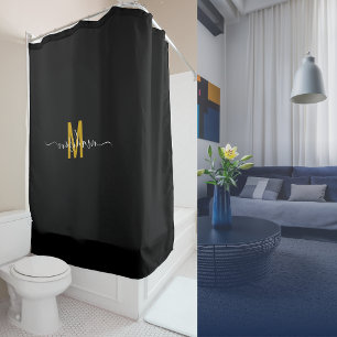 Elegant Black Gold Monogram Modern Script Custom Shower Curtain