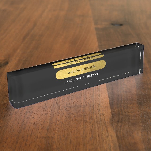 Elegant Black & Gold Monogram Modern Script Desk Name Plate (Side)