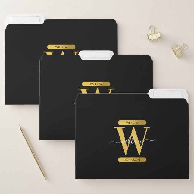 Elegant Black & Gold Monogram Modern Script File Folder (Set)