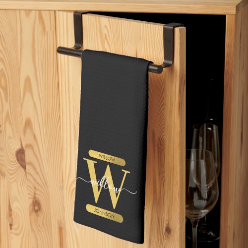 Elegant Black  Gold Monogram Modern Script  Kitchen Towel