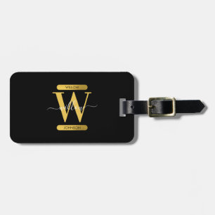 Elegant Black & Gold Monogram Modern Script Luggage Tag