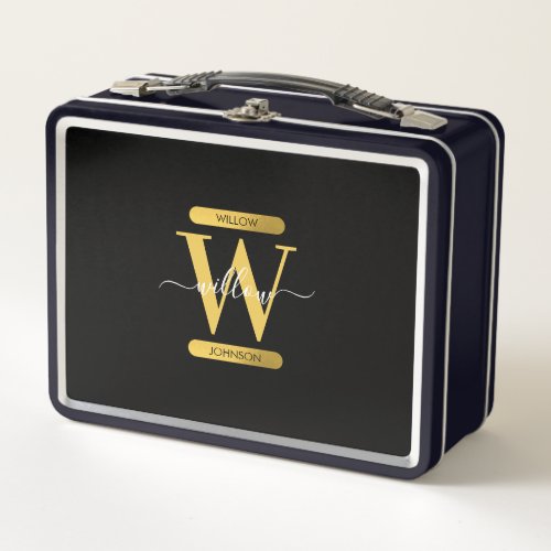 Elegant Black  Gold Monogram Modern Script  Metal Lunch Box