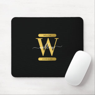 Elegant Black & Gold Monogram Modern Script Mouse Pad
